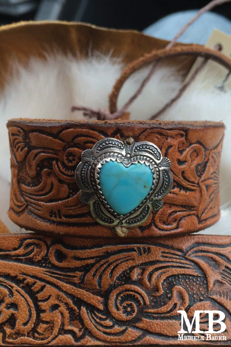 TOOLED LEATHER HEART CUFF
